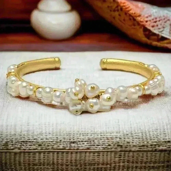 ๐๏ธ24K Gold Plated Turkish Pearl Artisan Jewelry Set Crescent Moon Earrings Cuff - Picture 10 of 12